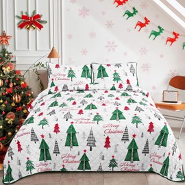 FRAMICS Christmas Quilt King Size, 3 Pieces Christmas Tree Quilt Sets with 2 Pillow Shams, Merry Christmas Beding Set Reversible Soft Lightweight Quilts, Green Christmas Bedspread Coverlet, 106"x96"