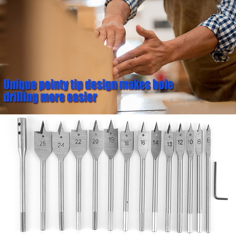 15pcs Carbon Steel Hex Shank Spade Flat Wood Drill Bit