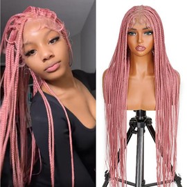 36 inch Full Lace Knotless Pink Box Braided Wig for Black Women - Full Lace Knotless Braided Wigs Pre Plucked with Baby Hair - Color: Pink Color