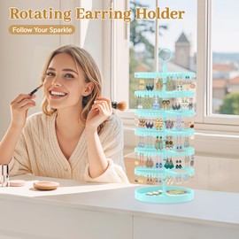 MODOWEY Rotating Earring Holder Organizer Display Tree with Metal Tray, Adjustable Plastic Stand with 342 Slots for Stud Hoop Hanger, Large Capacity Storage Rack for Women Space-Saving(6 Tier, Blue)