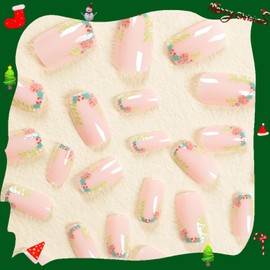24 Pcs Christmas Press on Nails Medium Square RIICFDD Nude Fake Nails with Holly Tree Pattern Designs Christmas Nails Glossy Full Cover Stick on Nails Reusable Xmas for Women and Girls False Nails