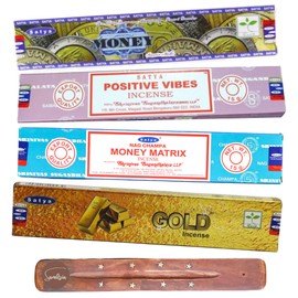Satya Nag Champa Incense Sticks - 4 unique and premium flavours - Gold, Money, Positive Vibes, Money Matrix and comes with SAMASIA incense holder