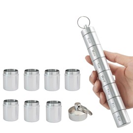 7 Divisible Compartments, Waterproof Capsule Pill Box, Metal Pill Box, Key Ring, Suitable for Travel, Going Out (Silver)