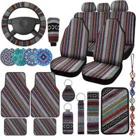 Frienda 26 Pcs Boho Car Seat Covers Full Set Stripe Steering Wheel Cover Seat Boho Accessories Mats Hippie Belt Cover Armrest Crystal Hanging Ornament Holders Fits for Car