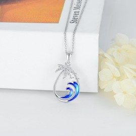 LWXIE Diamond Palm Tree Necklace for Women 925 Sterling Silver Palm Tree Pendant Necklace with Waves and Seagulls Summer Beach Jewelry Gifts
