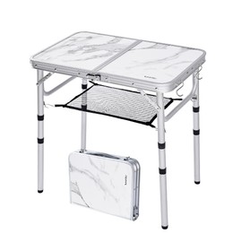 YUFIFAIRY Small Folding Camping Table, 2ft Portable Table with 3 Adjustable Heights, Aluminum Lightweight Foldable Picnic Table with Mesh Layer and Extension Legs for RV, BBQ and Indoor