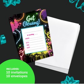 Desert Cactus Neon Happy Birthday Invitations Invite Cards (10 Count) With Envelopes Boys Girls Kids Party (10ct)