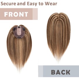 Hairro 18 Inch Silk Base Clip in Human Hair Topper for Women Highlight Medium Brown Mix Dark Blonde Clip on Toupee Extensions with 4 Clips Filler Hairpiece for Thinning Hair #4/27