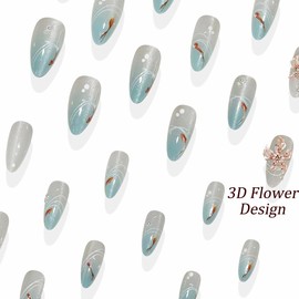 BABALAL Press on Nails Almond Medium Fake Nails Blue Nails Press-on 3D Glue on Nails Supplies Sparkly Shiny Acrylic Nails Handmade Flower Manicure Stick on Nails for Women 24Pcs Stiletto Decoration