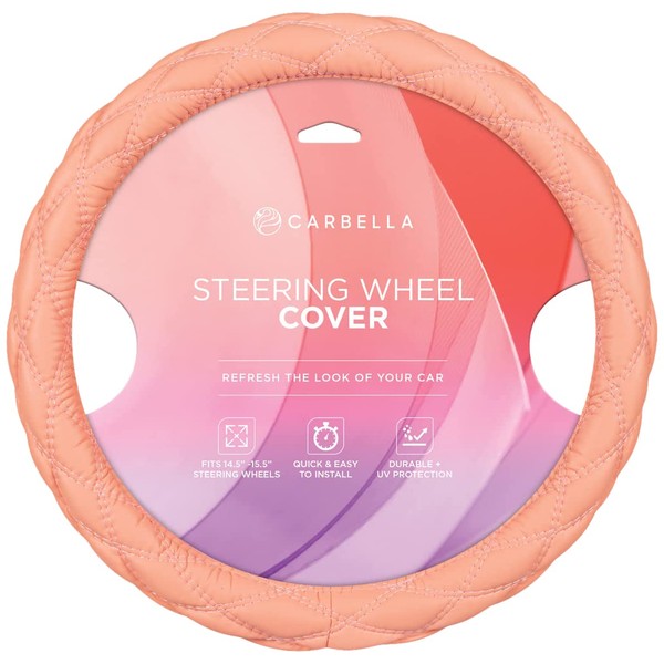 Carbella Coral Pink Stitched Leather Steering Wheel Cover for Women, Standard 15 Inch Size Fits Most Vehicles, Cute Faux Car Steering Cover with Diamond Double-Stitch Detail, Car Accessories for Women
