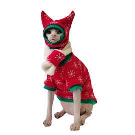 Sphynx Cat Apparel - Hairless Cat Sweaters by Devon Rex Co, Christmas-Theme Cat Onesie with Hat Scarf & Gloves (Small, Full Set)