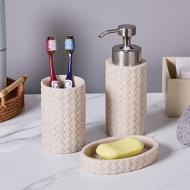 Sandstone Woven Carved Bathroom Accessories Set 3 Pcs for Countertop, Bathtub - Toothbrush Holder Cup, Foaming Soap Dispenser, Soap Dish, Bathroom Décor Resin Accessory Set for Housewarming Gift