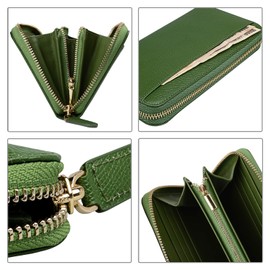 VISOUL Long Wallet, Genuine Leather, YKK Zipper, RFID Blocking Cowhide Leather, Coin Purse, Coin Case, Large Capacity, Multi-functional, Men's Wallet, Women's (Green), green