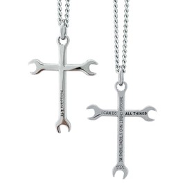 Shields of Strength Men's Wrench Cross Necklace with Philippians 4:13, Stainless Steel & Gold Plated, 18-30" Chain, Faith Gift