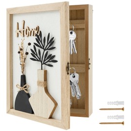 Wooden Key Box, Key Holder Wall Mount Decorative Wooden Key Cabinet Holder with 6 Hooks Rustic Access Card Hanger Organizer for Home Entryway Hallway (Beige A)
