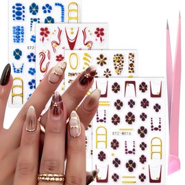 4 Sheets Flower Nail Stickers for Nail Art Gold Stripe Line Floral Nail Decals 3D Self-Adhesive French Tip Nails Supplies for Women Manicure DIY Decoration