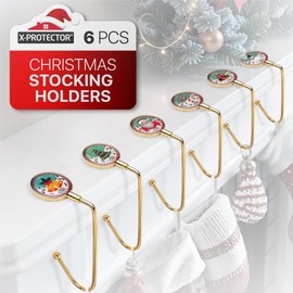 X-Protector Stocking Holders for Mantle - 6 PCS - Premium Christmas Stocking Holder with Non-Slip Bottom - Golden Stocking Hangers for Mantel - Stocking Hooks with Stickers on Top - Merry Christmas!
