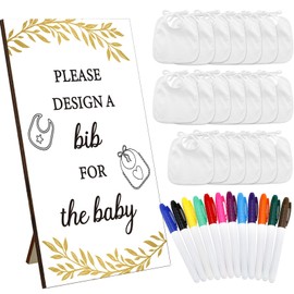 Panitay 43 Pcs Baby Shower Games White Bibs Design, Include Wooden Baby Shower Game Sign, 30 DIY Blank White Bibs, 12 Markers for Gender Reveal Party Decorating Supplies(Golden Leaf)
