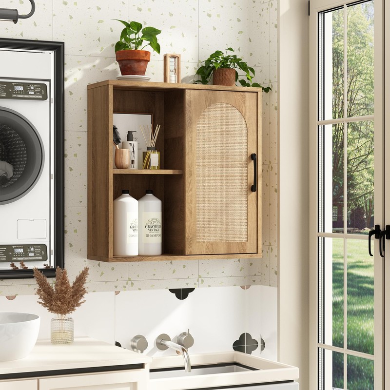 RUSTOWN Boho Rattan Wall Cabinet, Midcentury Bathroom Cabinet with Sliding