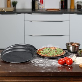 Relaxdays 2 x Pizza Tray with Perforation, Round, Non-Stick Coating, Inner Diameter 29 cm, Baking Trays for Pizza and Tarte Flambée, Anthracite