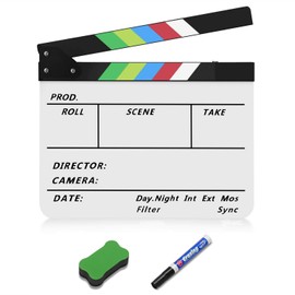 Flexzion Directors Film Clapper Board Film Slate, Acrylic Plastic Dry Erase Movie Clapboard for Studio Camera Theater Props TV Video Film Cut Action Scene Slate Board 10x12 with Color Sticks