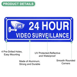 M METERXITY 1-Pack 24 Hour Video Surveillance Sign, 4" x 7" Security Camera Sign Reflective UV Protected Waterproof Security Camera Sign for House/Business/CCTV[Blue+White]
