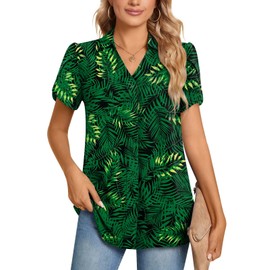 POPYOUNG Ladies Tops Chiffon Blouse Business Tunic Petal Short Sleeve Office Shirts for Work M, Green Leaves