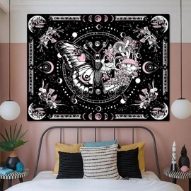 Fungarth Skeleton Butterfly Tapestry Pink Skull Hippie Mushroom Plants Tapestry for Bedroom Moon phase Aesthetic Tapestries Wall Hanging for Living Room Dorm (Pink, 48” x 36”)