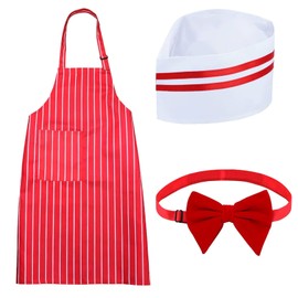 Zcbzbn Apron and Cooking Hat Set, Adjustable Cooking Apron with Pockets, Cooking and Baking Apron, Red and White Striped Protective Apron for Baking, Cooking, Grilling, Gardening, Set of 3, red