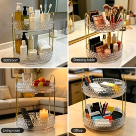 360° Rotating Cosmetic Display Case, 2-Tier Large Capacity Makeup Organizer for Bathroom Counter or Vanity, Clear White Acrylic Storage Rack for Skincare, Perfume and Beauty Essentials