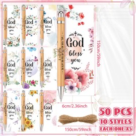 Qeeenar 50 Sets Christian Bamboo Pens Bulk God Bless You Pens with Book Marks Religious Party Favors for Adults Prayers Christian Gifts Bulk Church Items Wooden Scripture Bible Verse Pens(Floral)