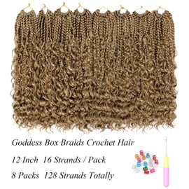Goddess Box Braids Crochet Hair 12 Inch 8 Packs Pre-looped Bohemian Crochet Boho Box Braids With Curly Ends 3X Crochet Braids Hair for Black Women Synthetic Braiding Hair 16 Strands (#27)