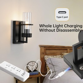 HOXIYA Dimmable Battery Operated Wall Sconce Set of Two, Whole Light Charing USB-c Rechargeable Wall Lamp, 8000mAh 60hrs Long Battery Life Powered Cordless No Wired Required, Clear Glass Shade Black
