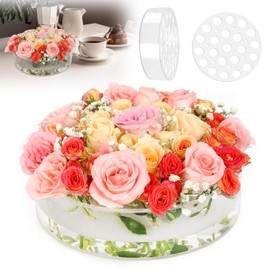 10 Inch Acrylic Flower Vase for Wedding Centerpieces Round, Circular Clear Wide Low Floral Vases with 22 Large + 7 Small Holes for Dining Table Home Birthday Party Flower Arrangement