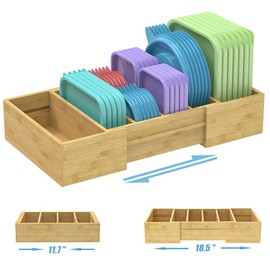 Retro Shaw Expandable Bamboo Food Container Lid Organizer for Cabinet, Adjustable Lid Organizer for Plastic Lids and Covers Storage, Lid Organizer Rack with Adjustable Dividers