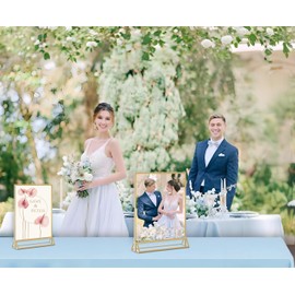 Acrylic Sign Holder 5x7 - Gold Acrylic Double-Sided Picture Frame Display Stand, Clear Table Tent Menu Holder & Plastic Paper Holder - Vendor Booth Display Items for Wedding Business Store Party
