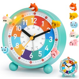 PIXESTT Children's Alarm Clock, Children's Alarm Clock for Back to School, No Ticking Noise, with Night Light and Snooze Function, with 5 Alarm Clock Decoration, Suitable for Learning, Sleep Wake Up A