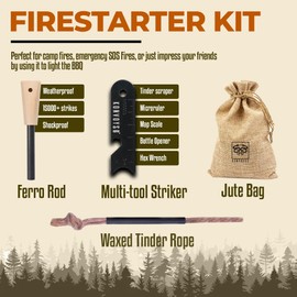 KonvoySG Fire Starter Survival Tool–Ferro Rod Fire Starter with 11" Waterproof Tinder Wick Rope, Multi-Tool Striker and Extra Jute Bag - All-in-One Flint and Steel Fire Starter Kit.