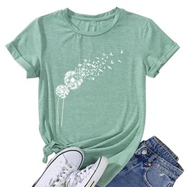 Summer T Shirts for Women Cute Dandelion Graphic Tees Casual Short Sleeve Tops Light Green, M