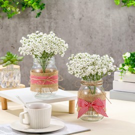 Daifunli 46 Pcs Picnic Party Centerpieces for Table Mason Jar Table Centerpieces with Baby's Breath Red Gingham Ribbon for Picnic Birthday Party BBQ Baby Shower Supplies