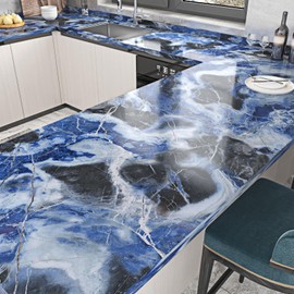 WESTICK Glossy Blue Marble Couner Top Peel and Stick Waterproof 15.8"x200" Marble Contact Paper Kitchen Countertop Wallpaper Removable Cracked Granite Vinyl Wrap for Bathroom Table Covers Cabinets