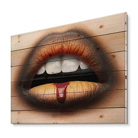 DesignQ Female Lips With Black & Orange Lipstick Modern & Contemporary Wood Wall Decor, Orange Wood Wall Art, Large People Wood Wall Panels Printed On Natural Pine Wood Art