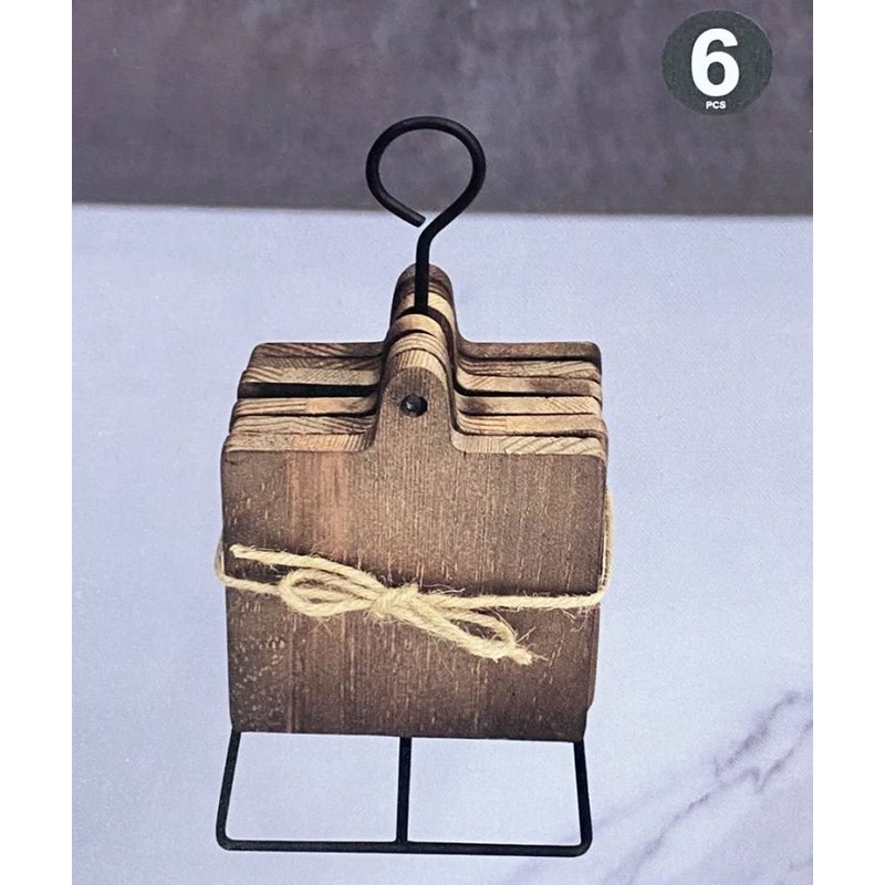 Wooden Square Coaster on Metal Holder 10.5 x 10.5 cm