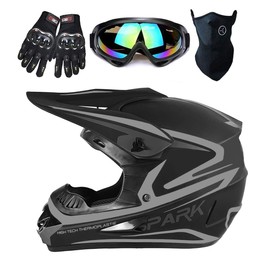 Gray and Black Youth Motocross Helmet, Adult Dirt Bike ATV BMX 4-Wheeler Off-Road Motorcycle Helmet W/ Goggles Gloves Mask, L, DOT Approved (4Pcs Set)