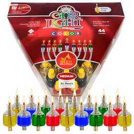 Ner Mitzvah Pre-Filled Colored Menorah Oil Cup Candles - Hanukkah Ohr Lights - 100% Olive Oil with Cotton Wick in Glass Cup - Medium Size, 44 per Pack, Burns Approx. 2 1/2 Hrs