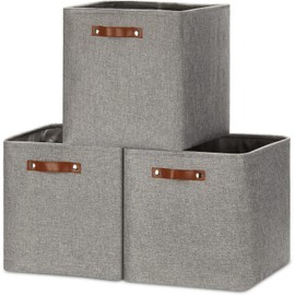 Mangata Collapsible Storage Cube Boxes, 28CM Cube Linen Woven Fabric Storage Baskets with Leather Handles 3PCS(Grey)