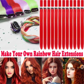 Olldag 12 PCS Red Hair Extensions Clip in, 20 Inch Colored Hair Extensions Party Highlights Long Straight Synthetic Hairpieces for Women Kids Girls Cosplay