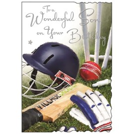 Jonny Javelin Son Birthday Card - Wonderful Son - Sporty Cricket Design - Special Finishes and Illustrated Insert Leaf - Made in the UK, 228 x 158mm