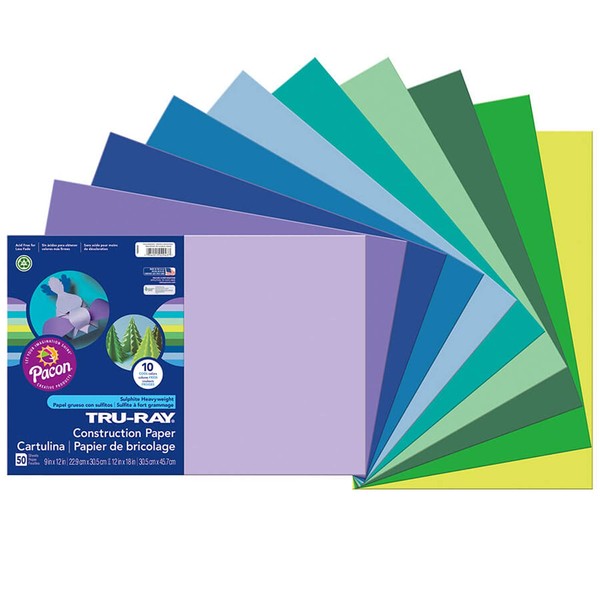 Tru-Ray Heavyweight Construction Paper, Cool Assorted Colors, 12" x 18", 50 Sheets (102943)