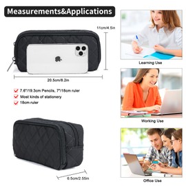 Della Gao Pencil Case Large Capacity Pencil Pouch Soft Quilted Pen Bag Office Stationery Organizer Sturdy Pencil Bag for Men Women - Black